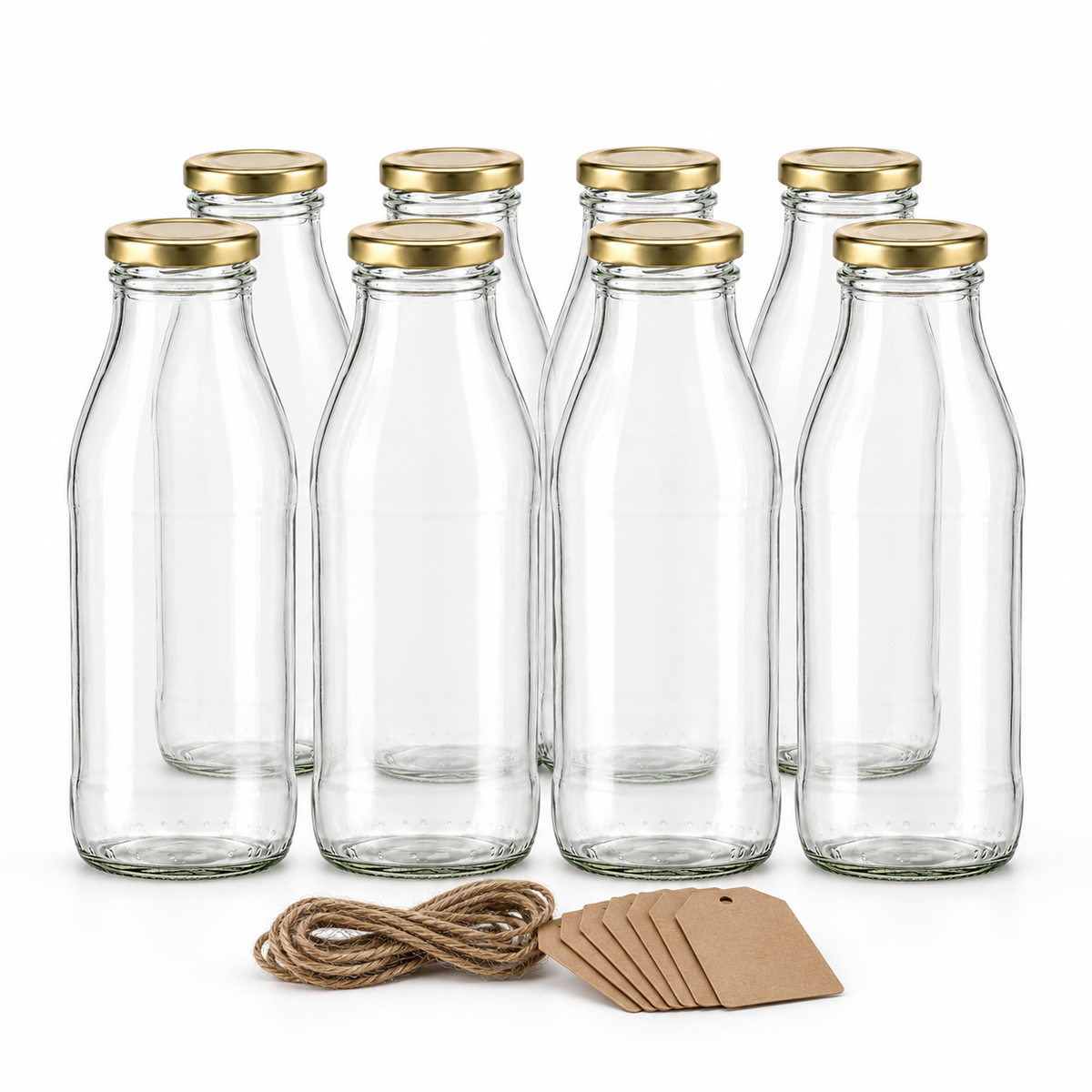 Acht klare Milchflaschen mit je 500 ml und goldenen Twist-Off-Deckeln, dazu Kraftpapier-Anhängeetiketten und Band auf weißem Hintergrund