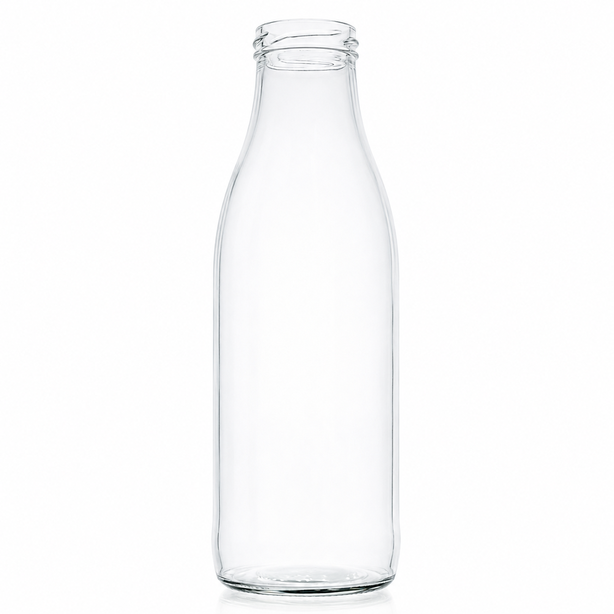 Klarglas-Milchflasche 0,75 Liter mit TO-48-Mündung, schlanke Form, freigestellt auf weißem Hintergrund.