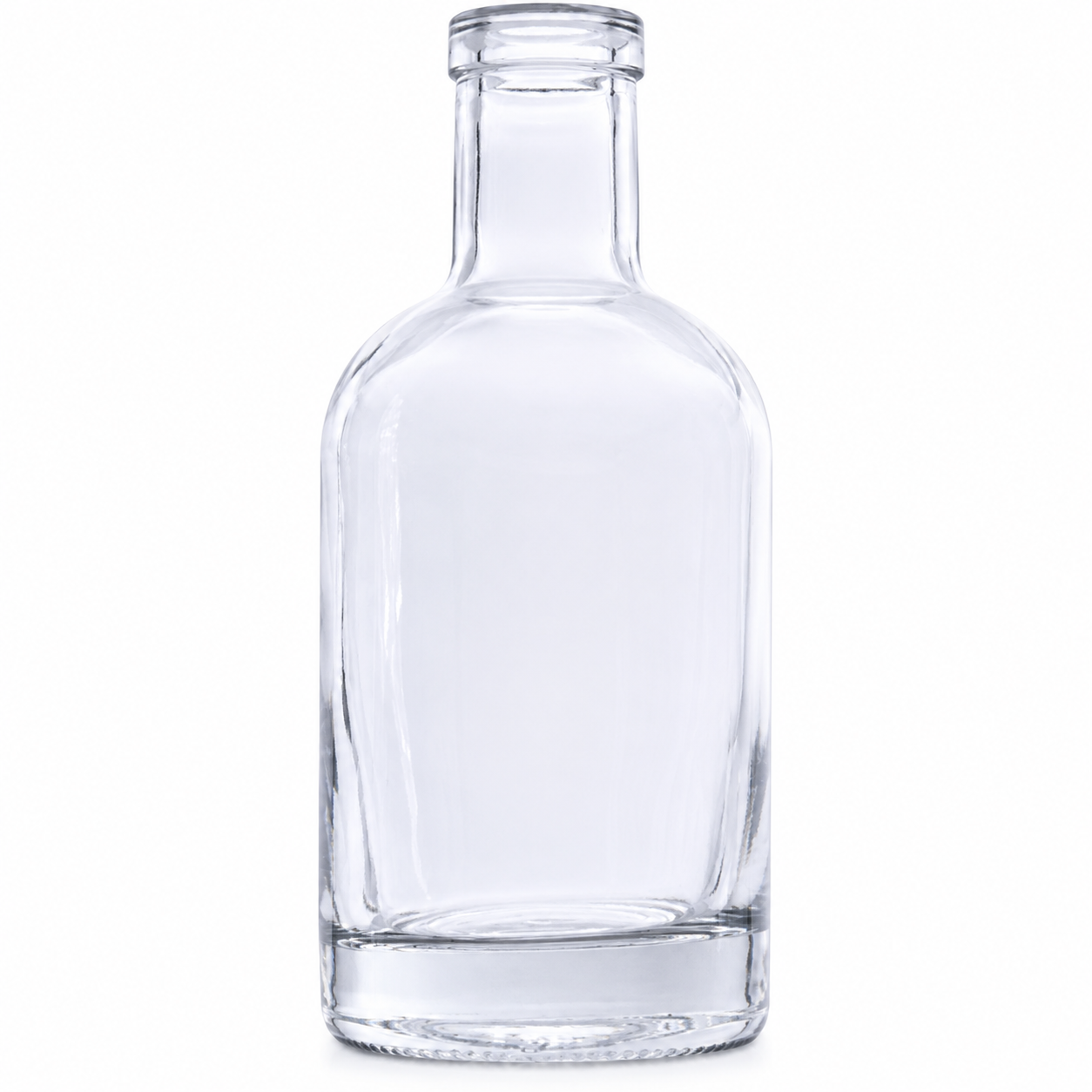 Freigestellte, klare Nocturne-Glasflasche mit 200 ml Volumen, rundem Körper, kurzem Hals, 18-mm-Mündung und massivem Glasboden auf weißem Hintergrund
