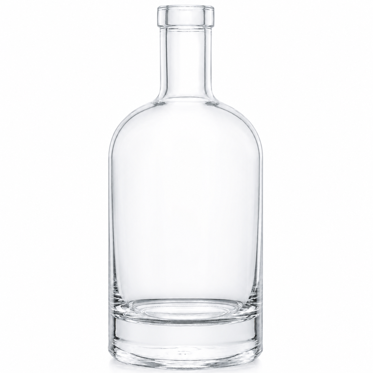 Klare, runde Glasflasche mit kurzem Hals, abgerundeten Schultern und massivem Glasboden auf weißem Hintergrund.
