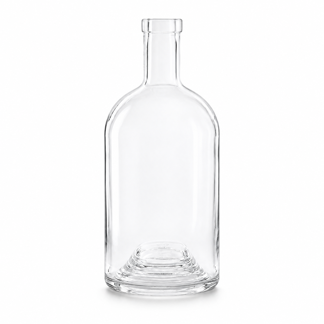Klare Nocturne-Ripple-Glasflasche 500 ml mit OBB-19-Mündung und konzentrisch abgestuftem Glasboden auf weißem Hintergrund