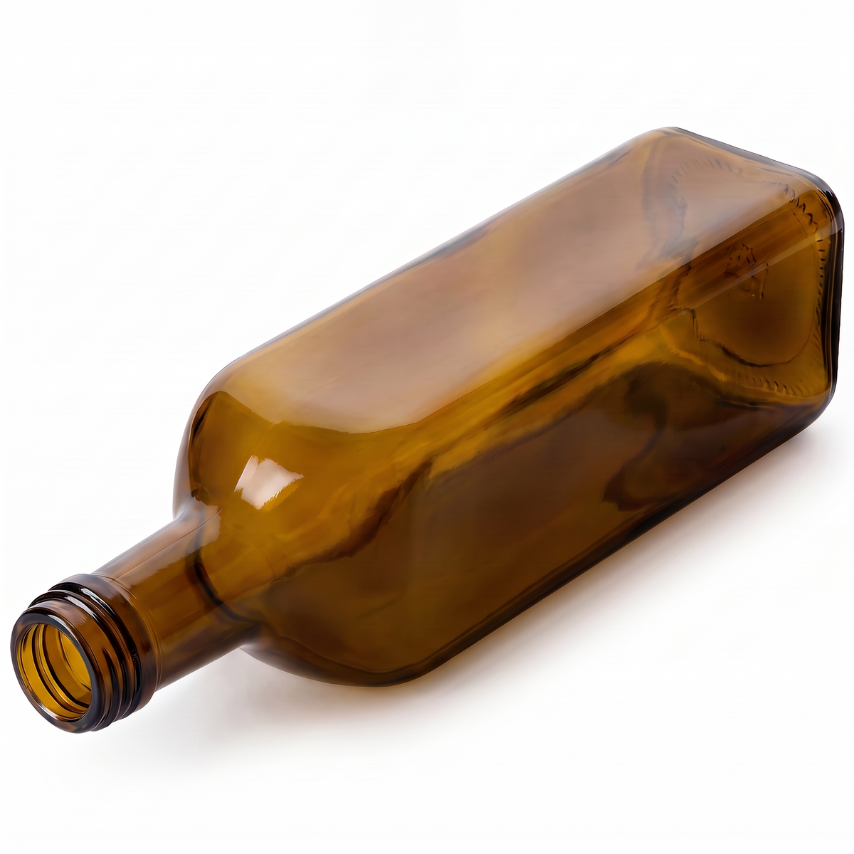 Antikgrüne Marascaflasche 1 Liter liegend in isometrischer Ansicht, Mündung unten links.