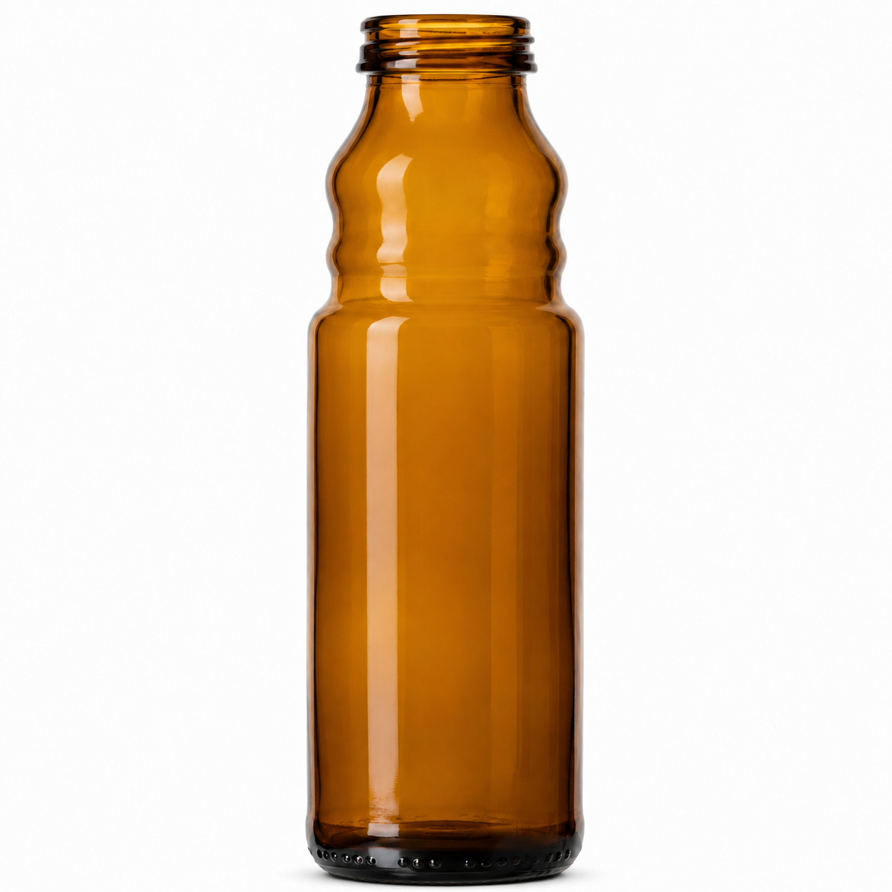 Bernsteinfarbene 100-ml-Ölflasche aus Glas mit geriffelter Schulter, kurzem Hals und RIC-Mündung auf weißem Hintergrund
