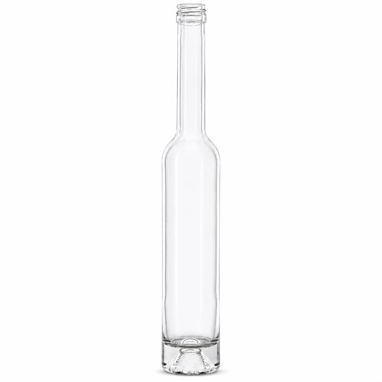 Freigestellte, klare 200-ml-Glasflasche mit sehr schlankem Körper, langem Hals, Schraubmündung und stark eingezogenem Glasboden auf weißem Hintergrund