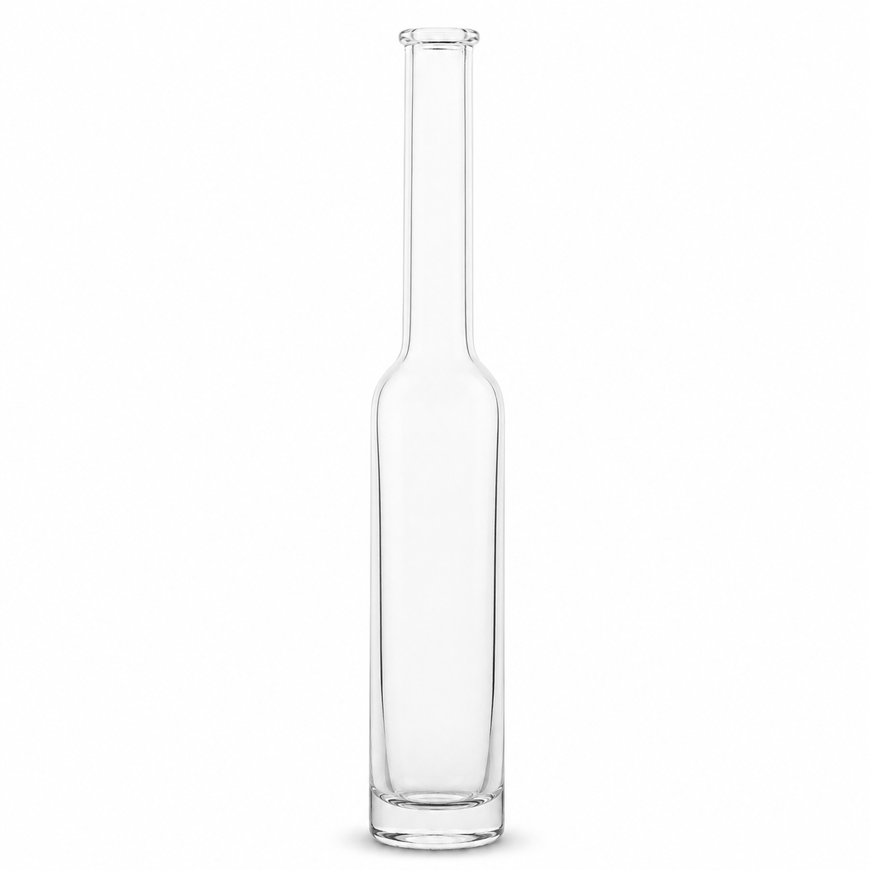 Transparente 0,2-l-Glasflasche Platin mit schlankem Körper, langem Hals und runder Mündung, freigestellt auf weißem Hintergrund