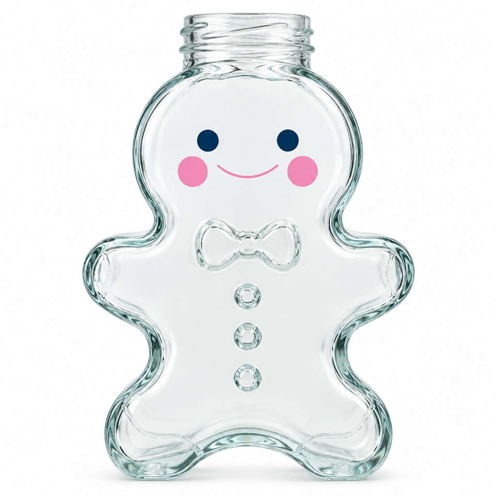 Klare Gingerbread-Motivflasche aus Glas in Frontalansicht mit Gesicht, Schleife und TO-43-Mündung vor weißem Hintergrund.
