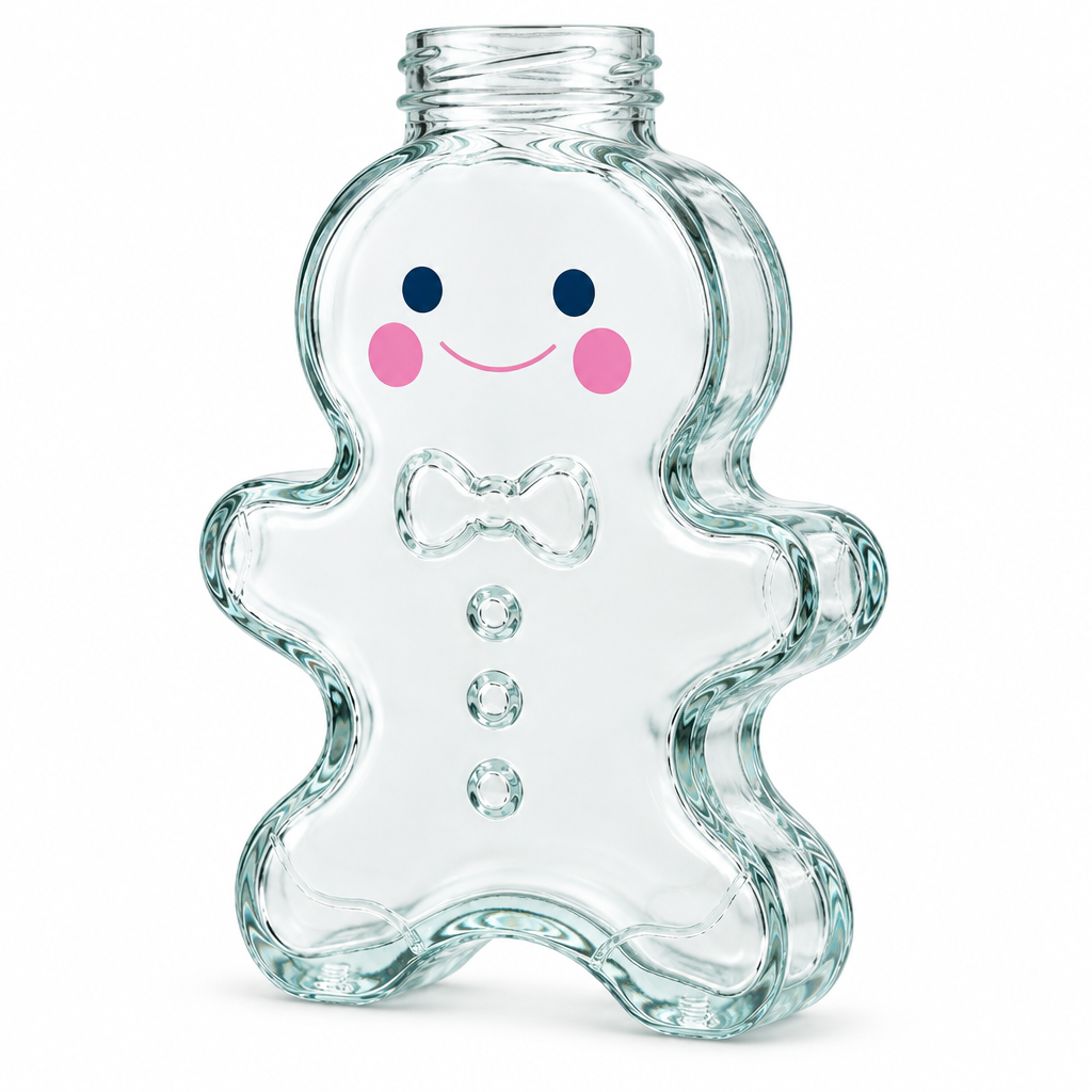 Klare Gingerbread-Motivflasche aus Glas in leicht gedrehter Ansicht mit sichtbar ausgeformter Tiefe vor weißem Hintergrund.