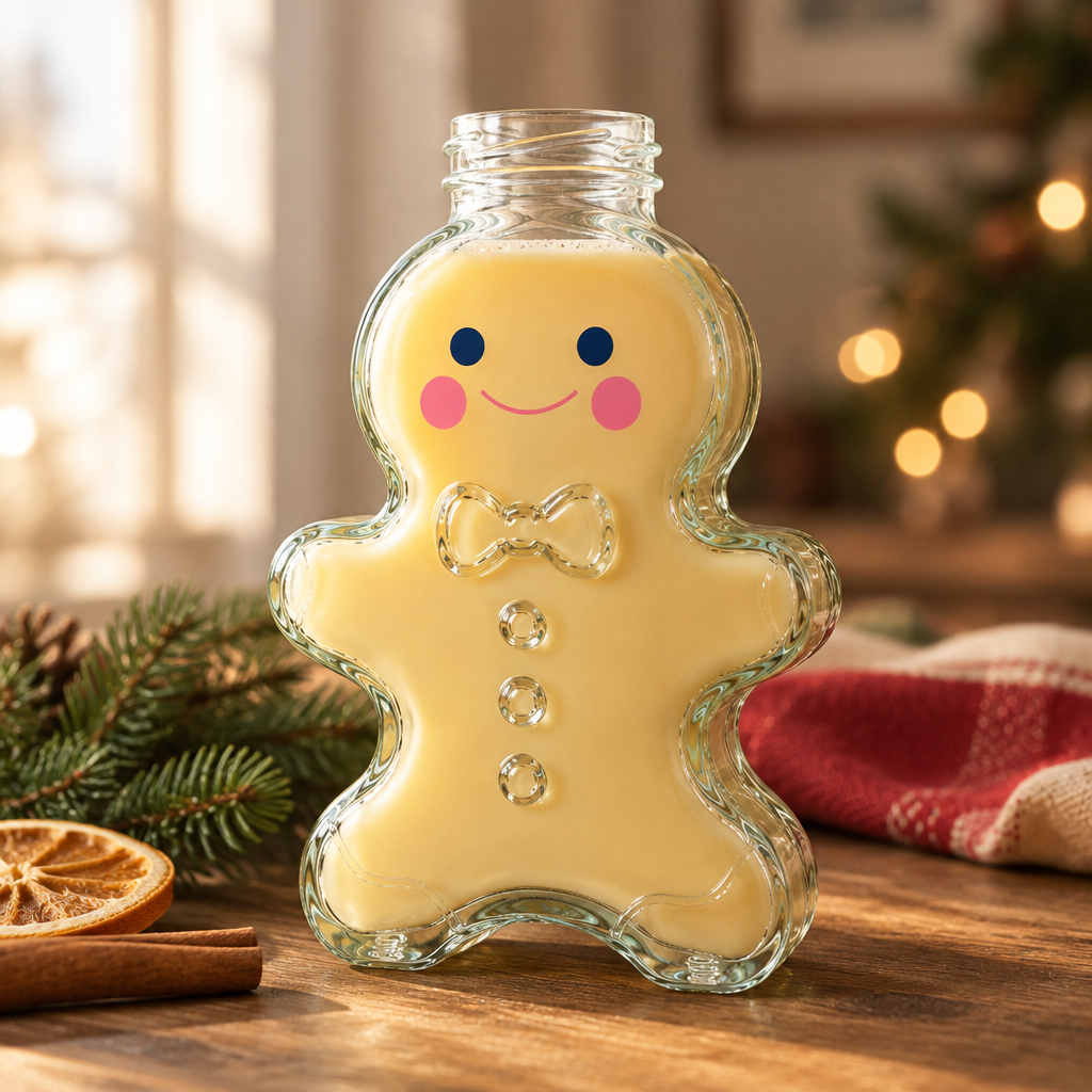 Mit Eierlikör gefüllte Gingerbread-Motivflasche aus Glas in dezenter Weihnachtsdekoration und warmem Sonnenlicht.