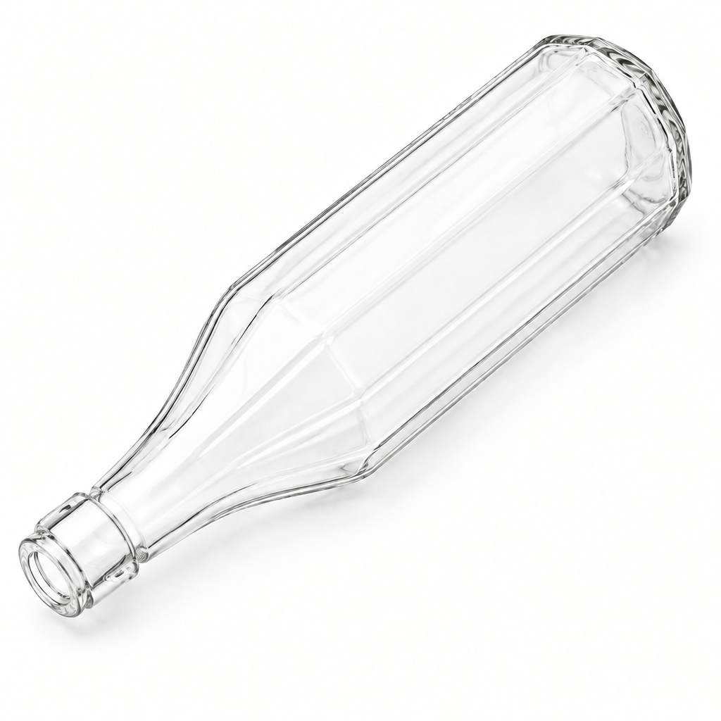 Klare 1-Liter-Zehnkantflasche Costolata mit Bügelverschlussmündung, liegend in isometrischer Ansicht
