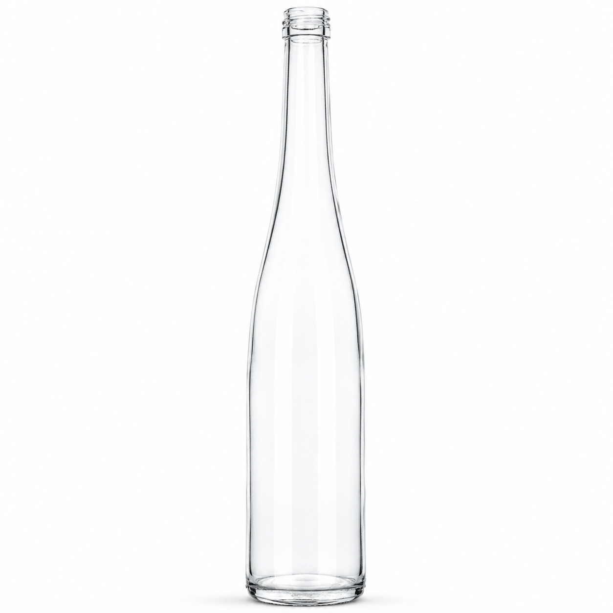 Schmale, hohe Klarglasflasche mit langem Hals und Schraubmündung, freigestellt vor weißem Hintergrund.