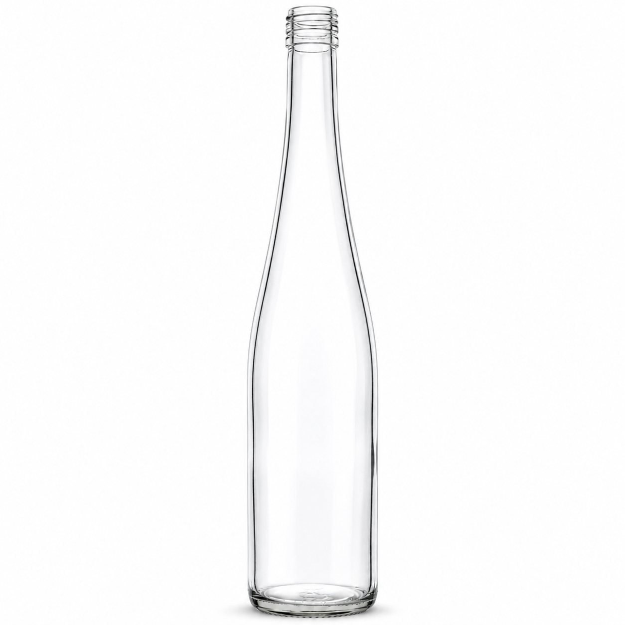 Klare, schlanke Schlegelflasche aus Glas mit langem Hals und Deep-Schraubmündung auf weißem Hintergrund.