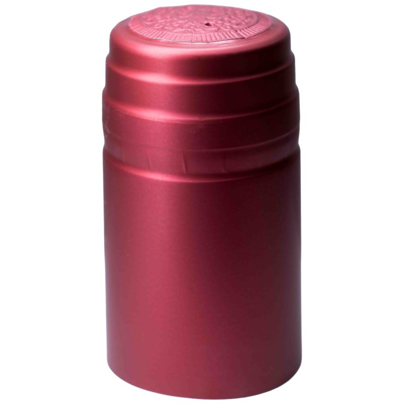 Dunkel bordeauxrote Metallic-Schrumpfkapsel 31 × 60 mm, liegend mit geprägter Oberseite, auf weißem Hintergrund