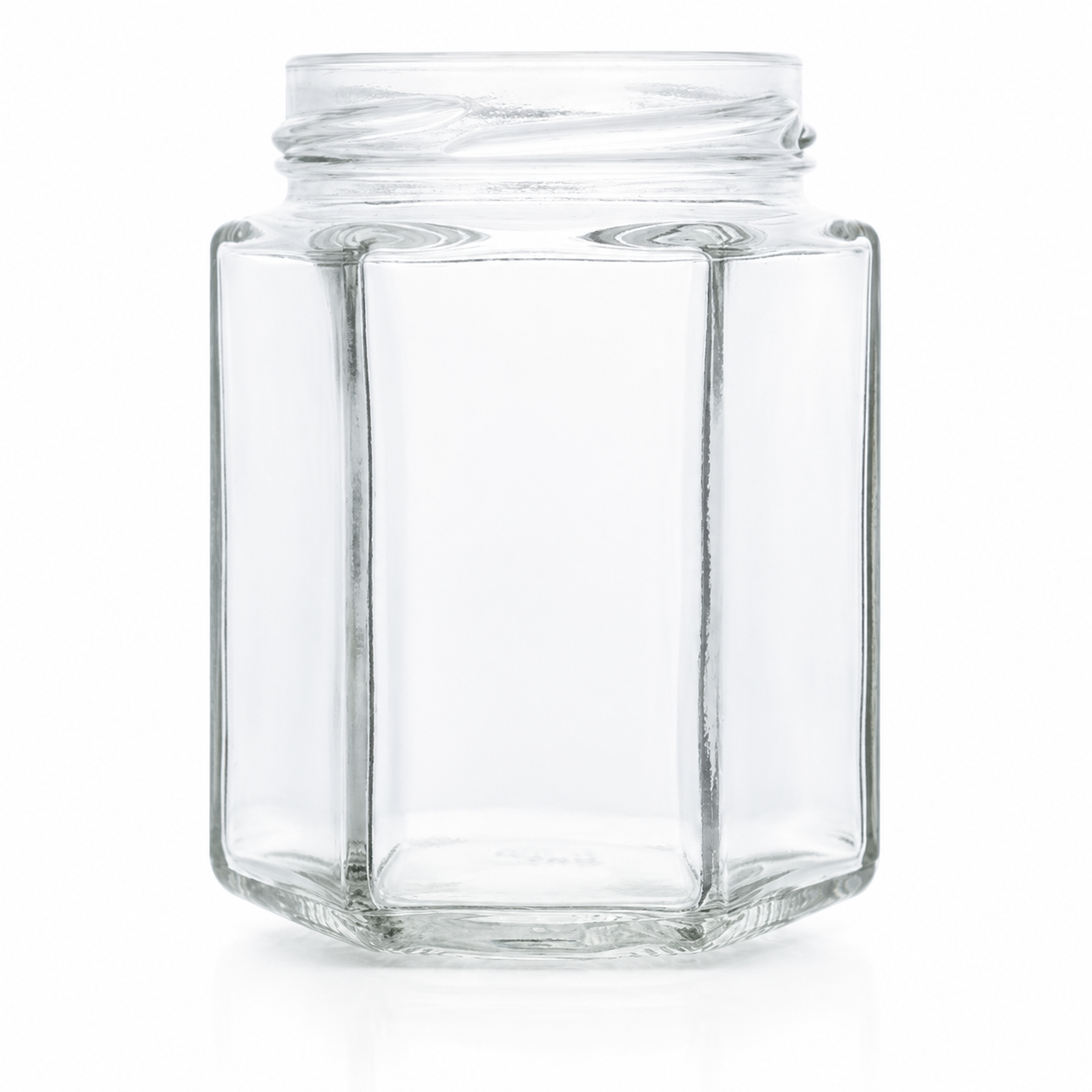 Sechskantglas 195 ml TO 58 aus klarem Glas mit sechs geraden Seitenflächen und Twist-off-Mündung, frontal stehend dargestellt.