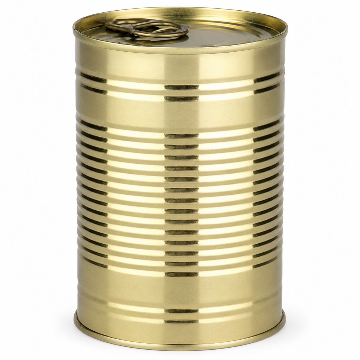 Goldfarbene Stahlaufreißdose mit 73 mm Durchmesser und 110 mm Höhe, gerilltem Dosenkörper und Ringpull-Deckel auf weißem Hintergrund.