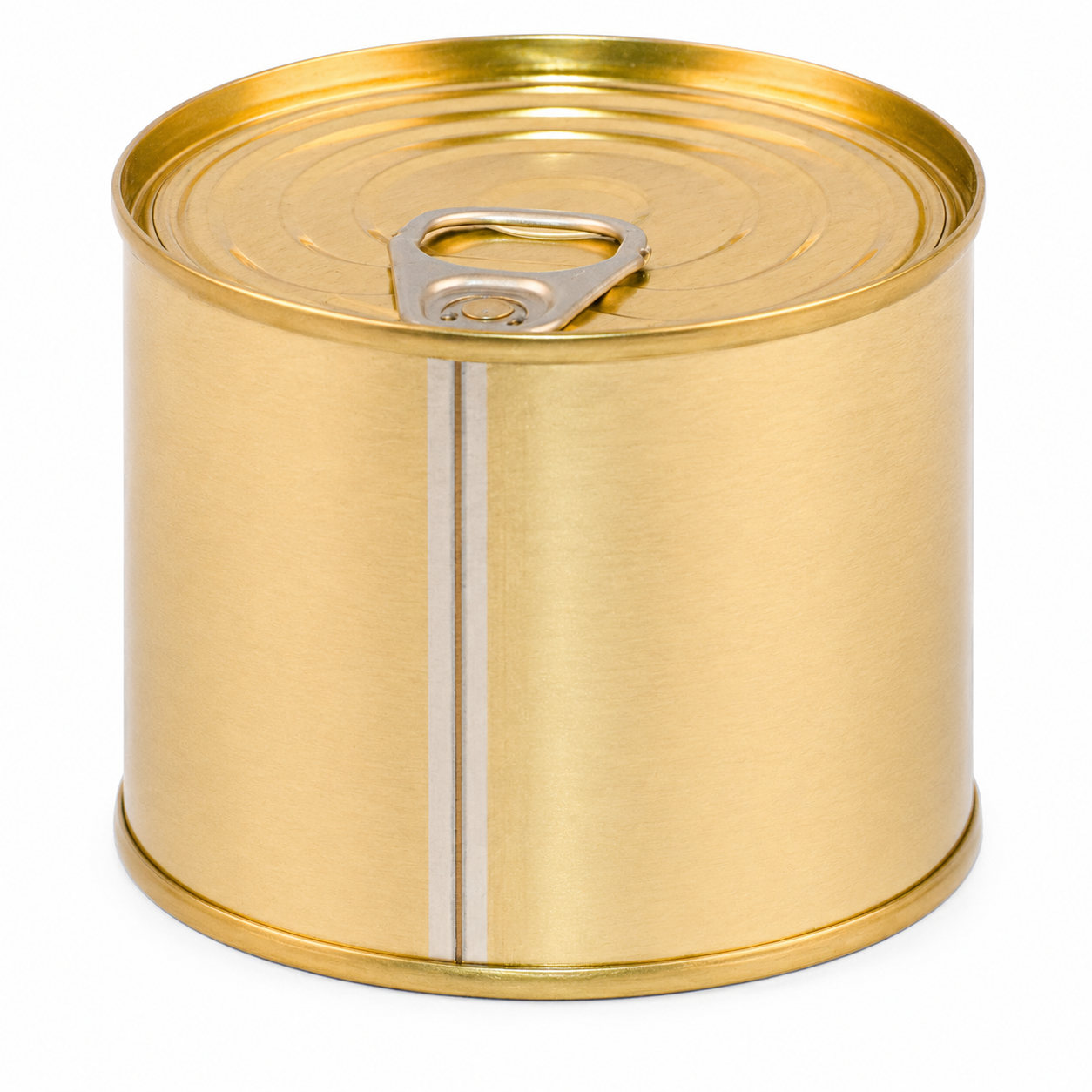 Goldfarbene Stahlaufreißdose mit 73 mm Durchmesser und 58 mm Höhe, glattem Dosenkörper, sichtbarer Längsnaht und geschlossenem Ringpull-Deckel auf weißem Hintergrund.
