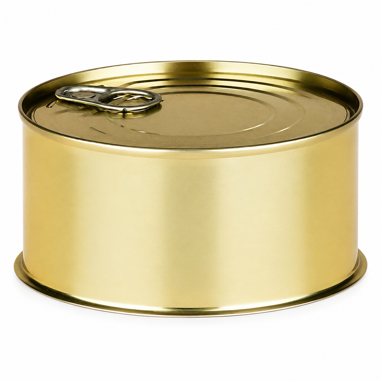 Goldfarbene Stahlaufreißdose mit 99 mm Durchmesser und 50 mm Höhe, verschlossen mit Ringpull-Deckel und freigestellt auf weißem Hintergrund.