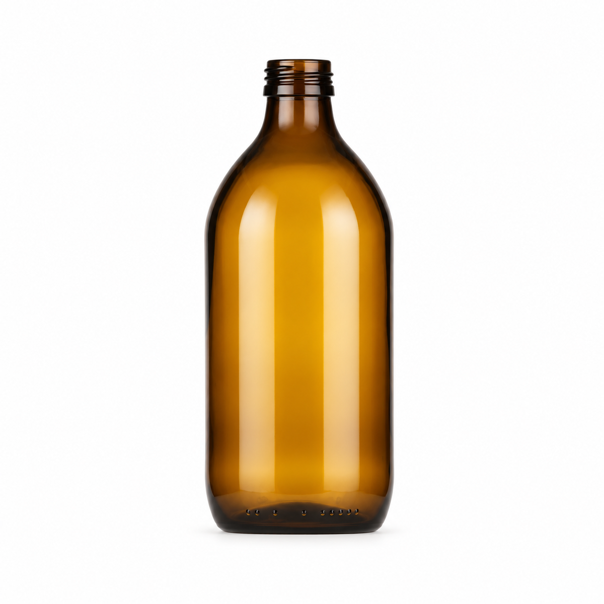 Braune Sterilmilchflasche mit 500 ml und MCA-28-Schraubmündung, aufrecht auf weißem Hintergrund