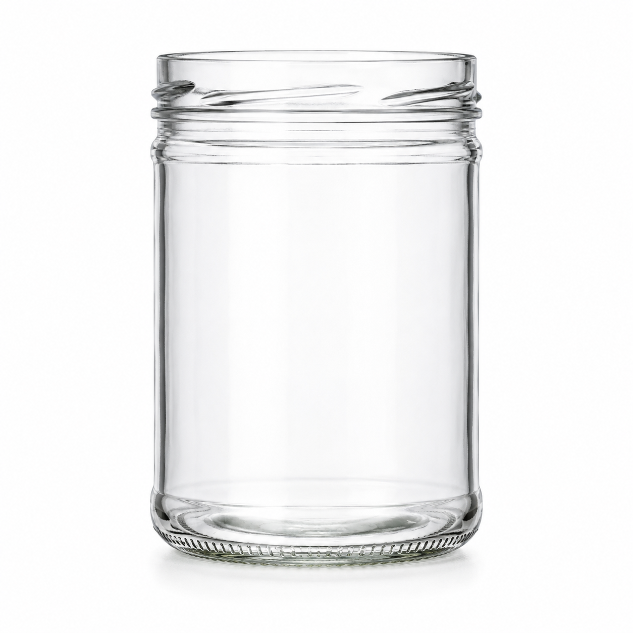 Klares Sturzglas 430 ml mit TO-82-NC-Mündung, breiter Öffnung und gerader Glasform auf weißem Hintergrund.