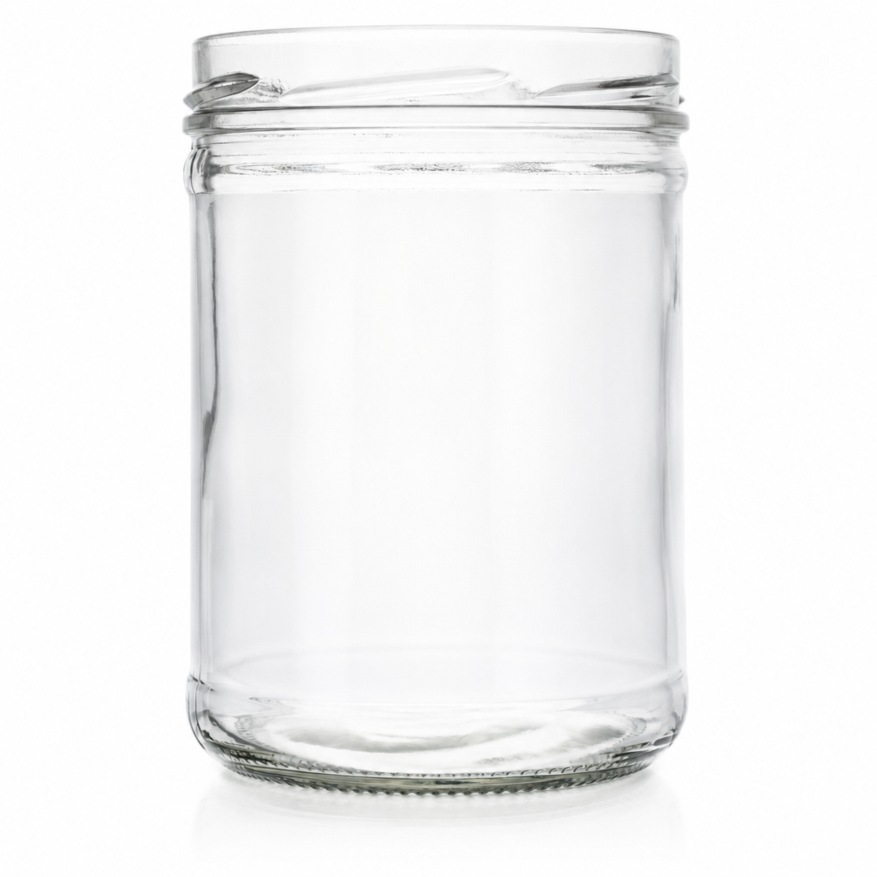 Transparentes Sturzglas 870 ml mit breitem, zylindrischem Glaskörper und TO-100-Mündung auf weißem Hintergrund.