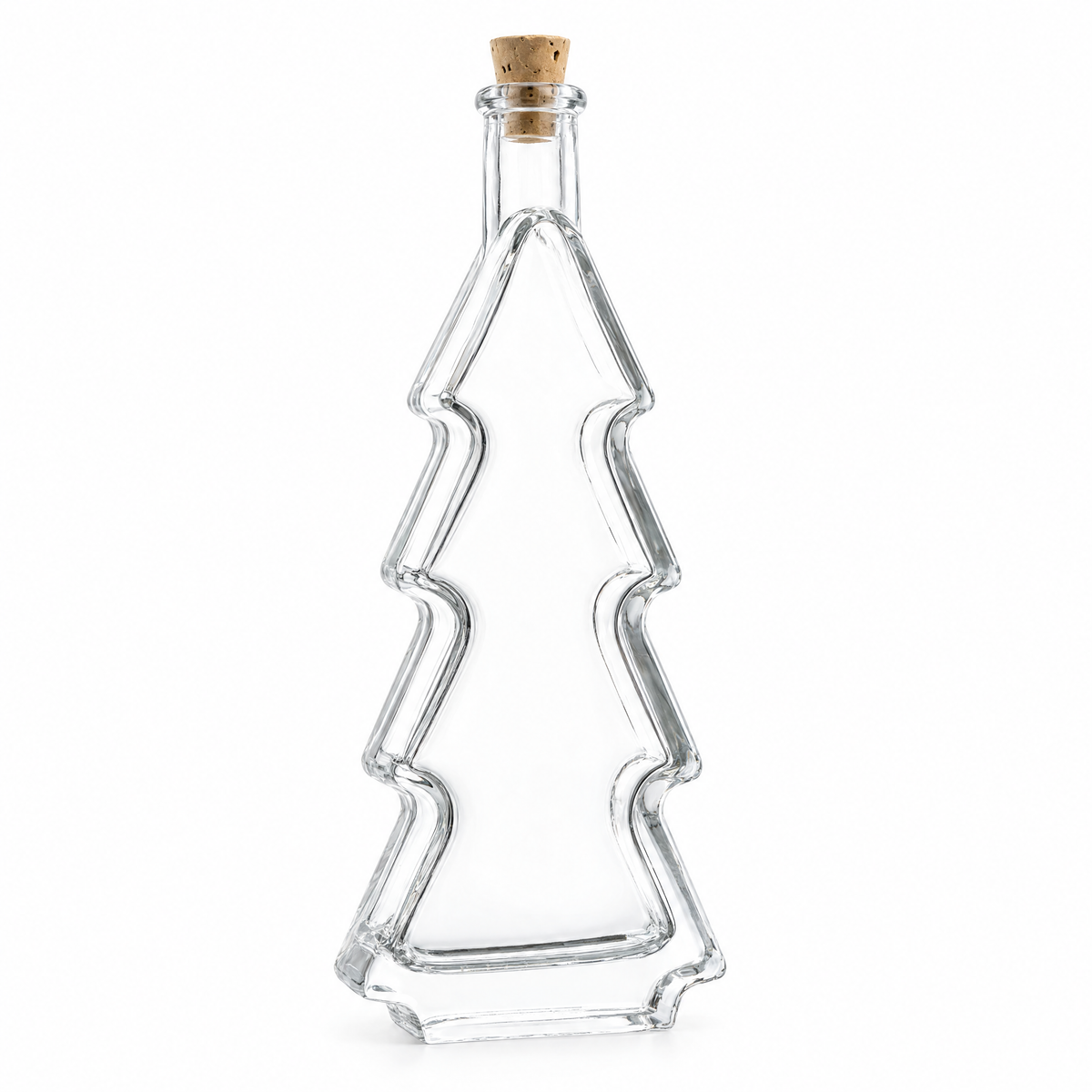Einzelne Tannenbaumflasche 100 ml mit Naturkorken, leicht seitliche Ansicht – Detail des 8er-Sets BUNDSTANN100-8