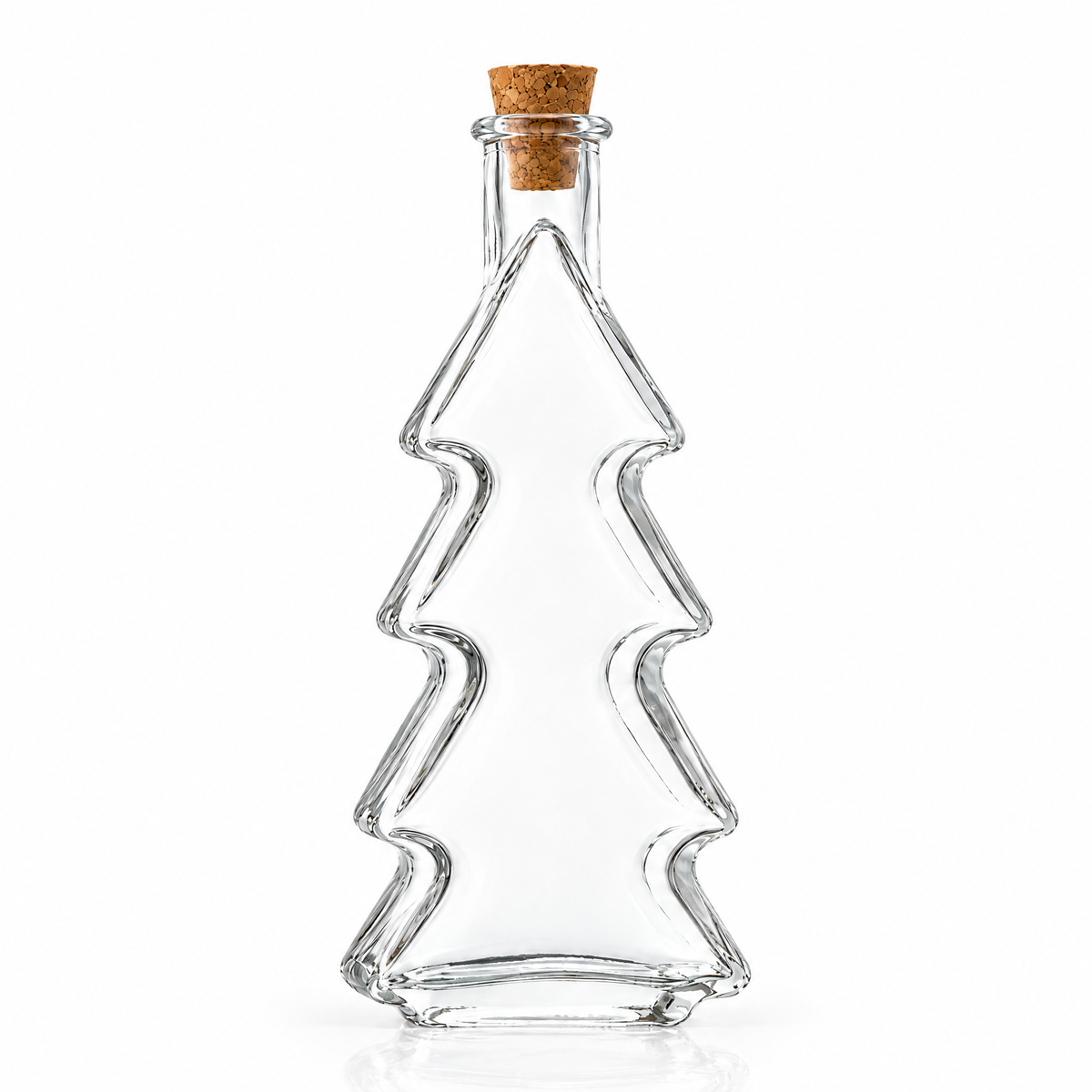Einzelne Tannenbaumflasche STANN200 mit 200 ml Fassungsvermögen und eingesetztem Naturkorken auf weißem Hintergrund