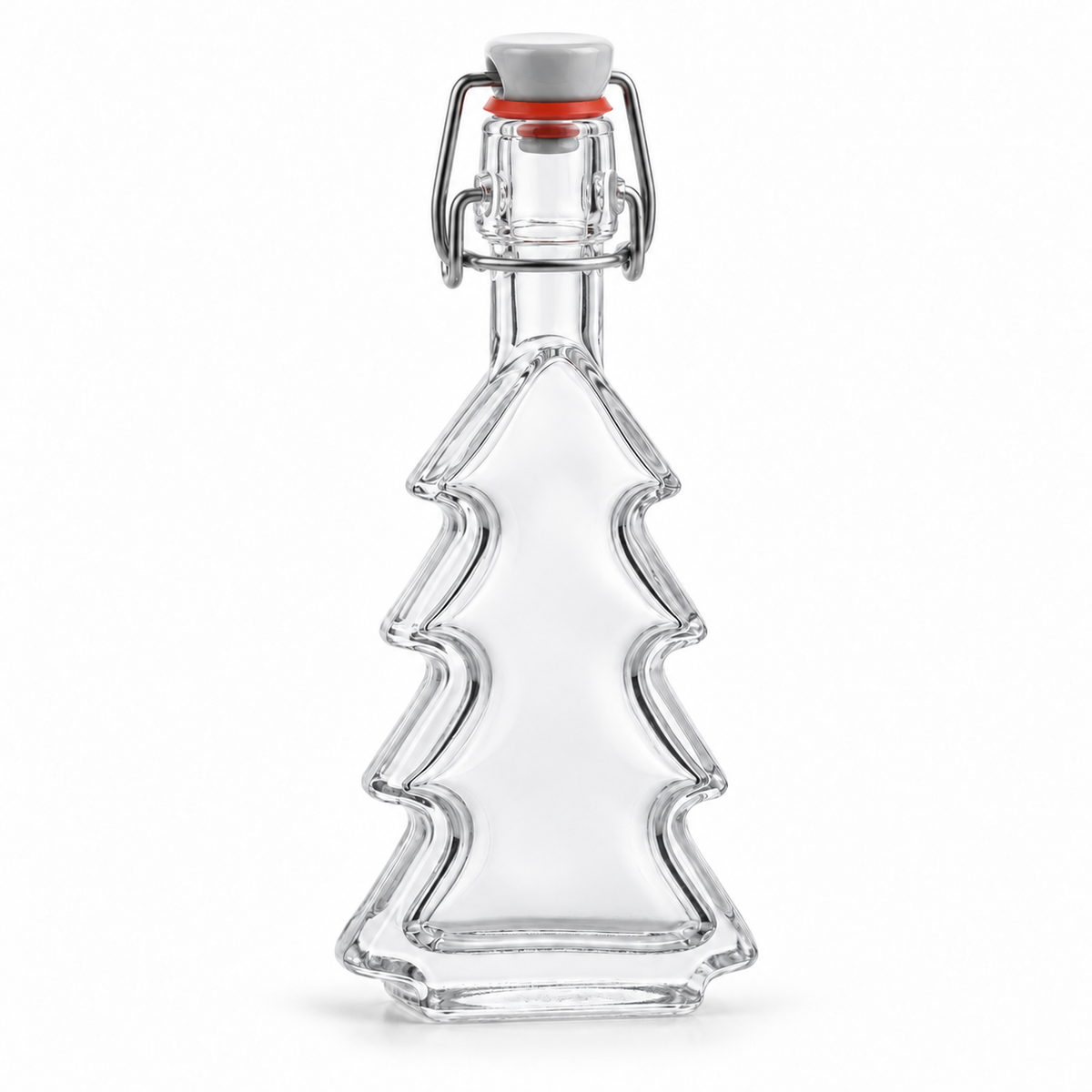 Einzelne Tannenbaumflasche aus klarem Glas mit 40 ml und Bügelverschluss, leicht seitlich auf weißem Hintergrund