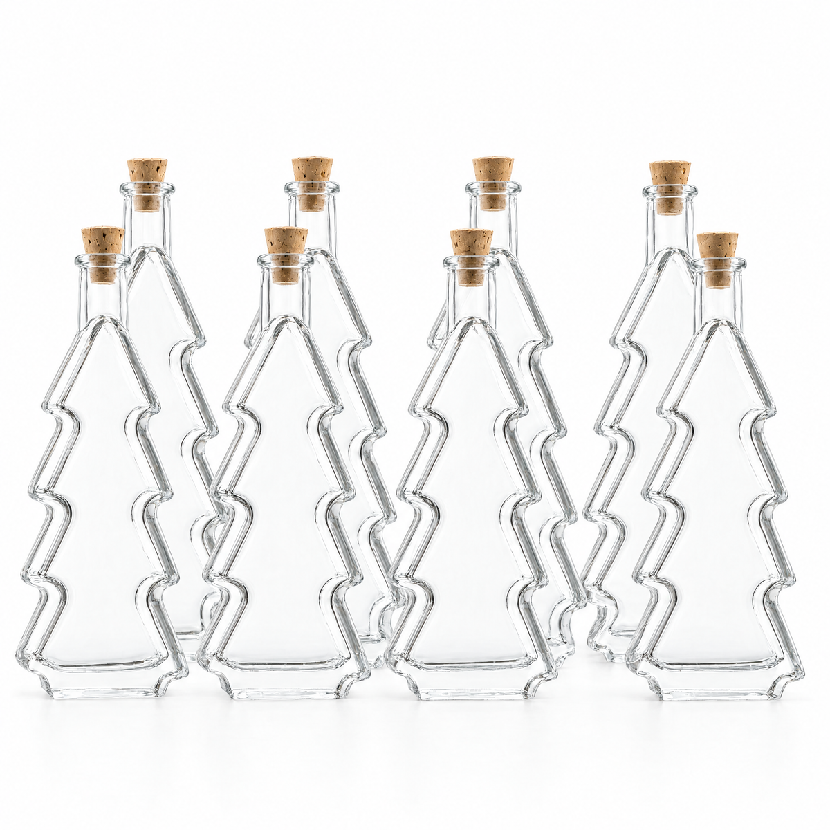 8er-Set Tannenbaumflaschen 100 ml aus klarem Glas mit Naturkorken – BUNDSTANN100-8
