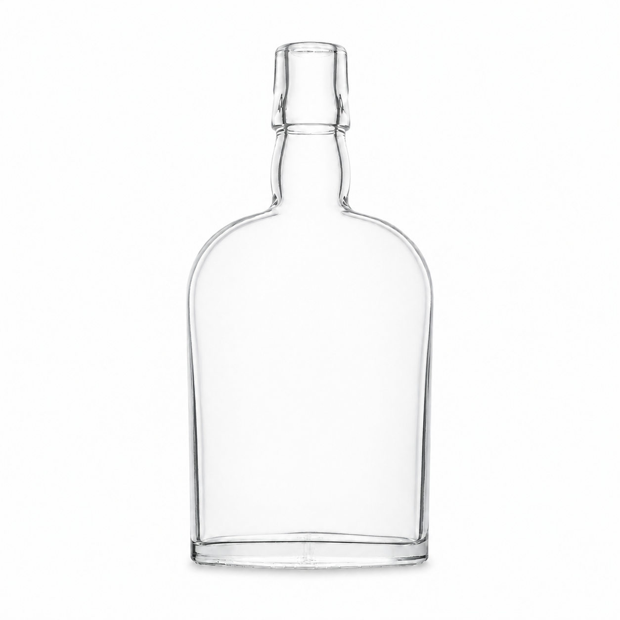 Klare 350-ml-Taschenflasche aus Glas mit flacher, nierenförmiger Form und Bügelmündung, leicht seitlich dargestellt, ohne Verschluss