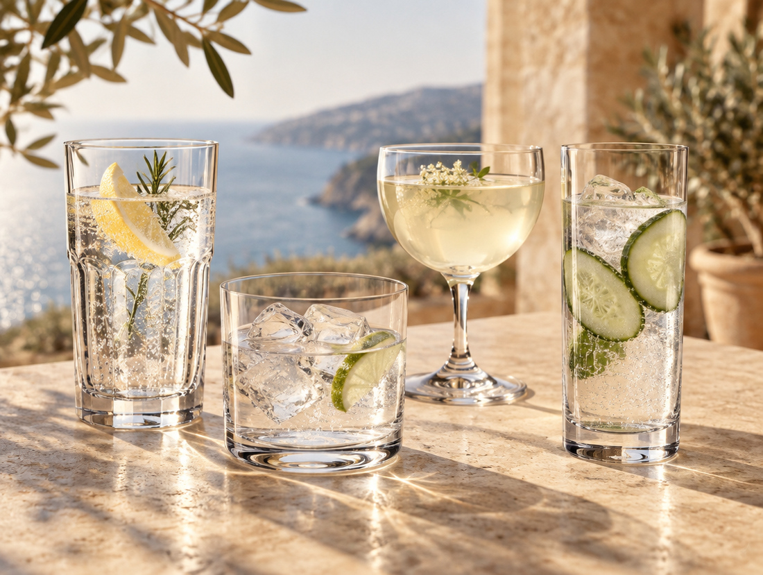 Auswahl verschiedener Trinkgläser auf einer sonnigen mediterranen Terrasse