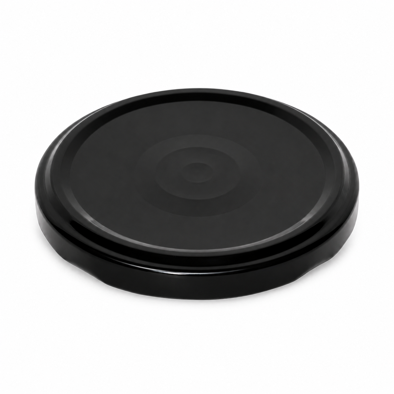 Schwarzer Twist-off-Verschluss 100 mm mit zentralem Vakuum-Button und leicht glänzender Oberfläche, schräg von oben dargestellt.