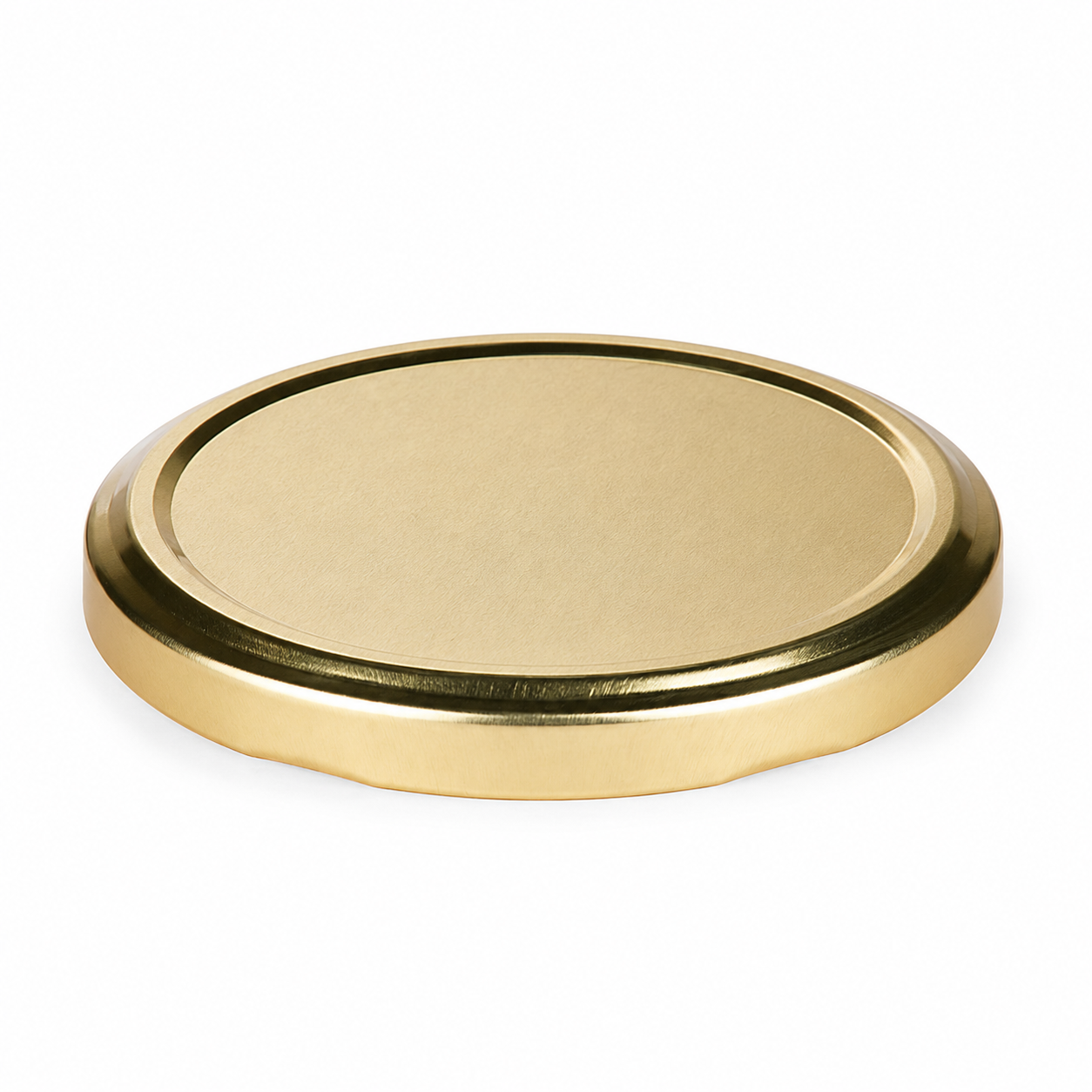Goldener Twist-off-Verschluss 89 mm mit leicht gebürsteter Oberfläche und flacher Form, schräg von oben auf weißem Hintergrund dargestellt.