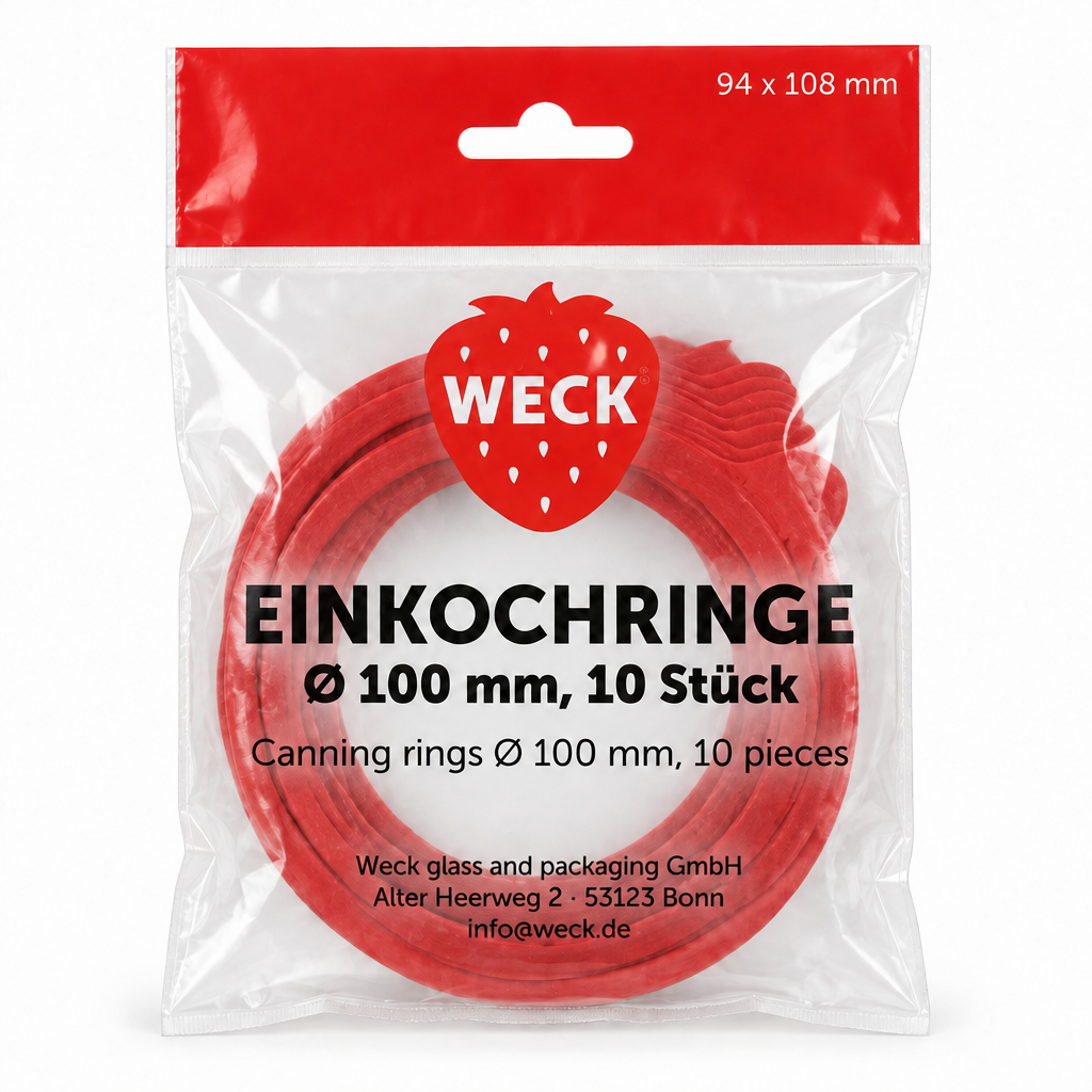 Zehn rote Dichtringe für WECK-Gläser RR 100 im transparenten WECK-10er-Beutel auf weißem Hintergrund