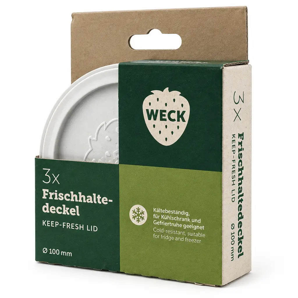 Drei WECK-Frischhaltedeckel RR 100 in grüner Verkaufsverpackung mit Ø-100-mm-Kennzeichnung auf weißem Hintergrund