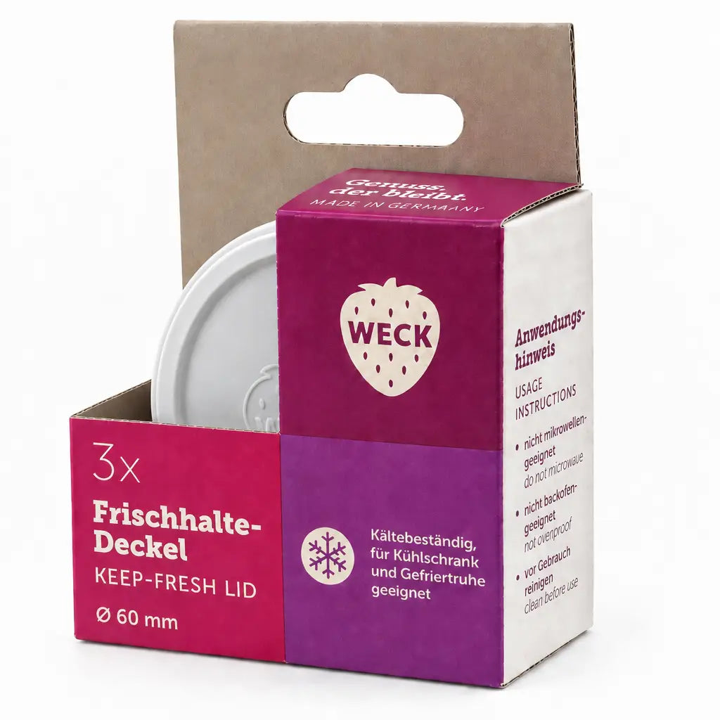 Drei WECK-Frischhaltedeckel RR 60 in violett-weißer Verkaufsverpackung mit Euroloch-Aufhängung auf weißem Hintergrund