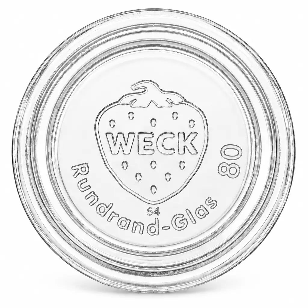 WECK-Glasdeckel RR 80 aus klarem Glas mit Erdbeerlogo, Schriftzug „Rundrand-Glas 80“ und kleiner 64-Prägung