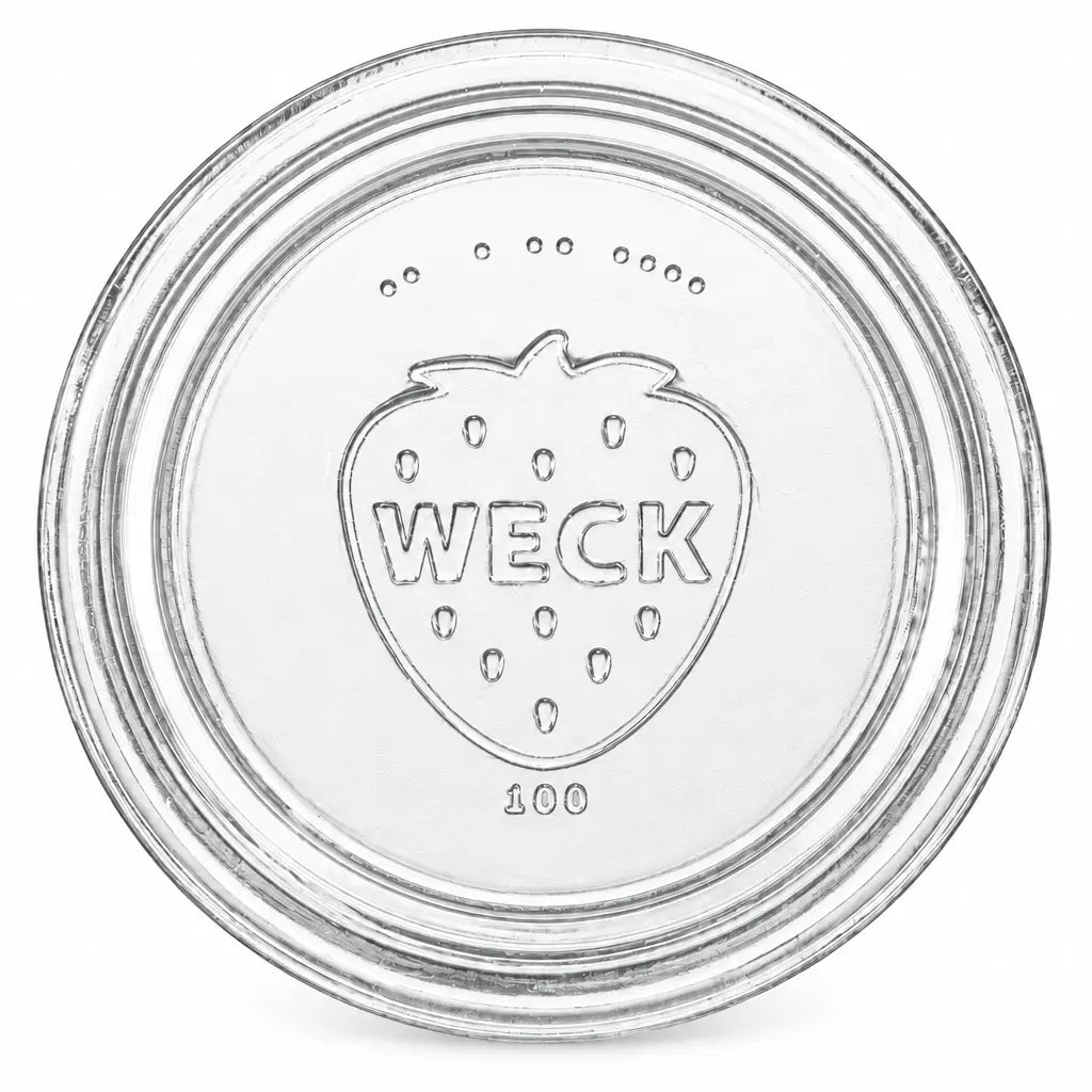 WECK-Glasdeckel RR 100 aus klarem Glas mit Erdbeerlogo und 100-Prägung, frontal auf weißem Hintergrund