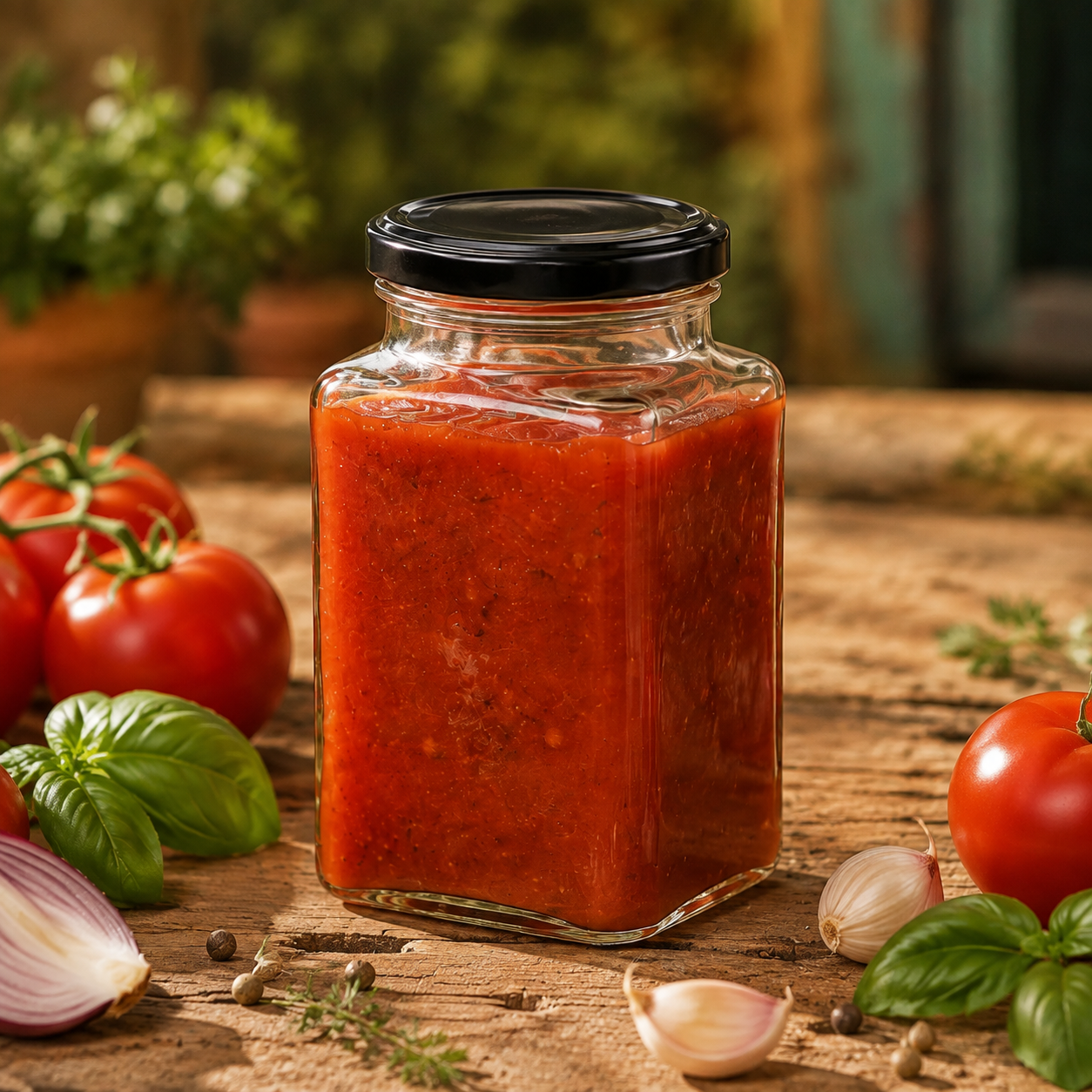 Vierkantglas mit schwarzem Twist-off-Deckel und Tomatensauce, umgeben von frischen Tomaten und Kräutern in warmem Licht