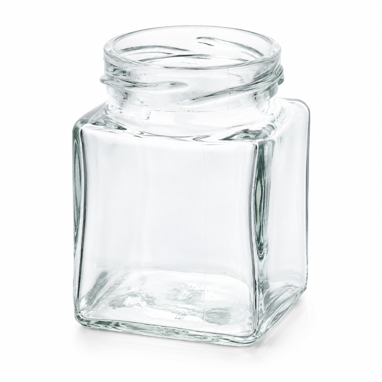 Klares Vierkantglas 106 ml mit TO-48-Mündung, kantigem Glasbody und transparenter Glasstruktur auf weißem Hintergrund.