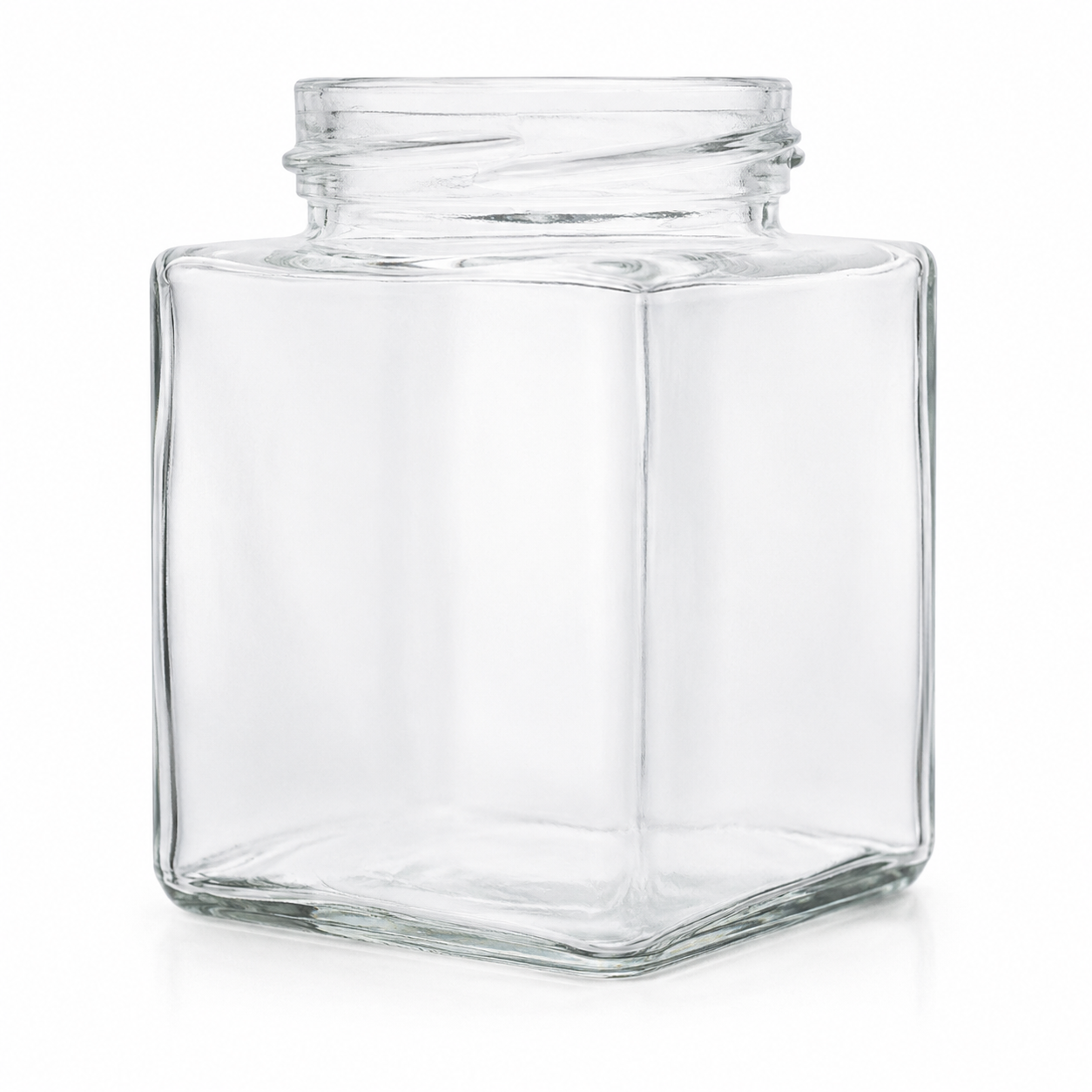 Vierkantglas 212 ml TO 58 aus klarem Glas mit quadratischem Glaskörper, abgerundeten Kanten und Twist-off-Mündung, stehend dargestellt.