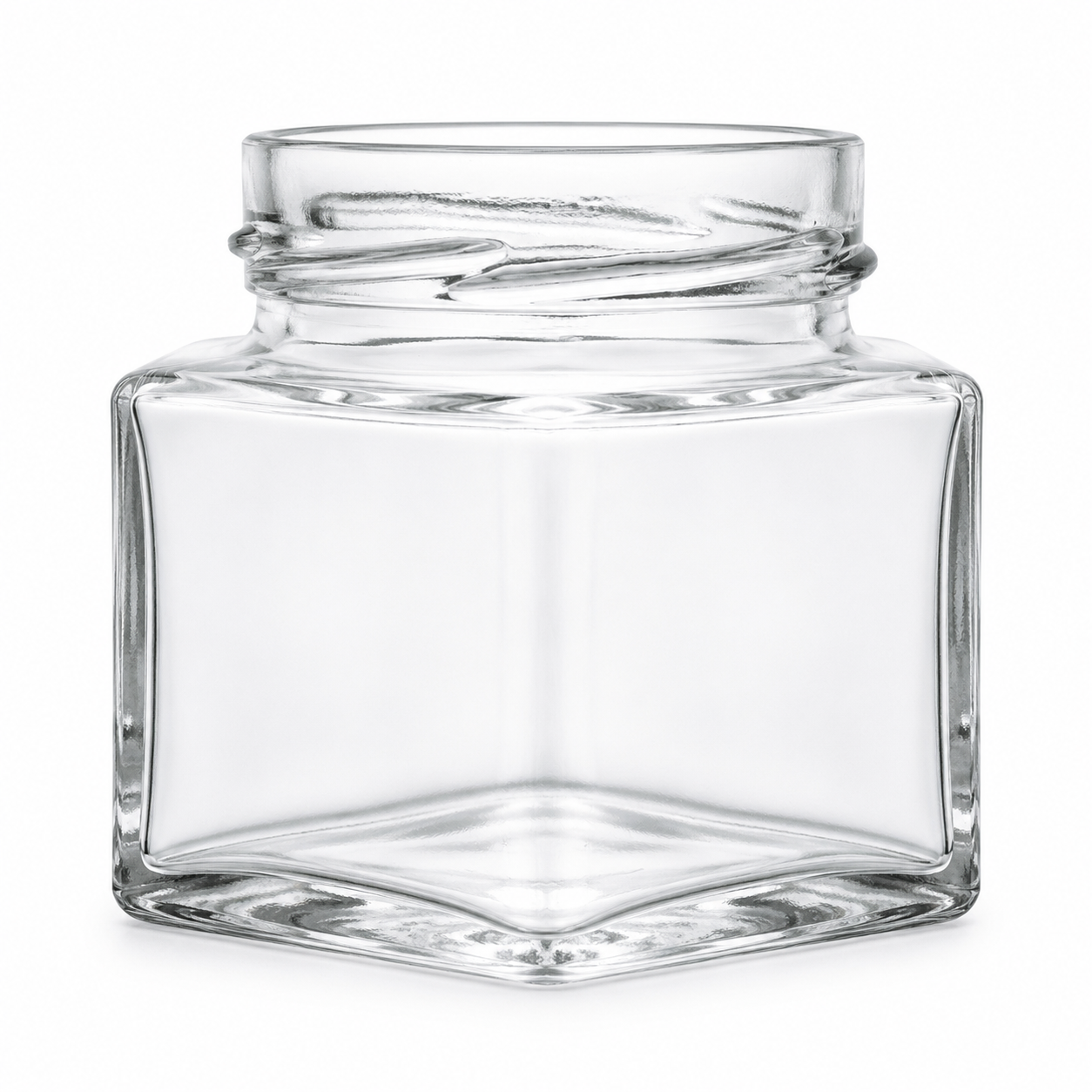 Klares Vierkantglas 212 ml mit TO-66-Deep-Mündung, kantigem Glasbody und breitem Gewinde auf weißem Hintergrund.