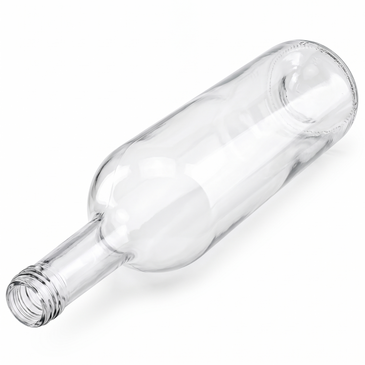 Bordeauxflasche 0,75 l aus klarem Glas mit 28-MCA-Schraubmündung, liegend in isometrischer Ansicht mit Mündung unten links.