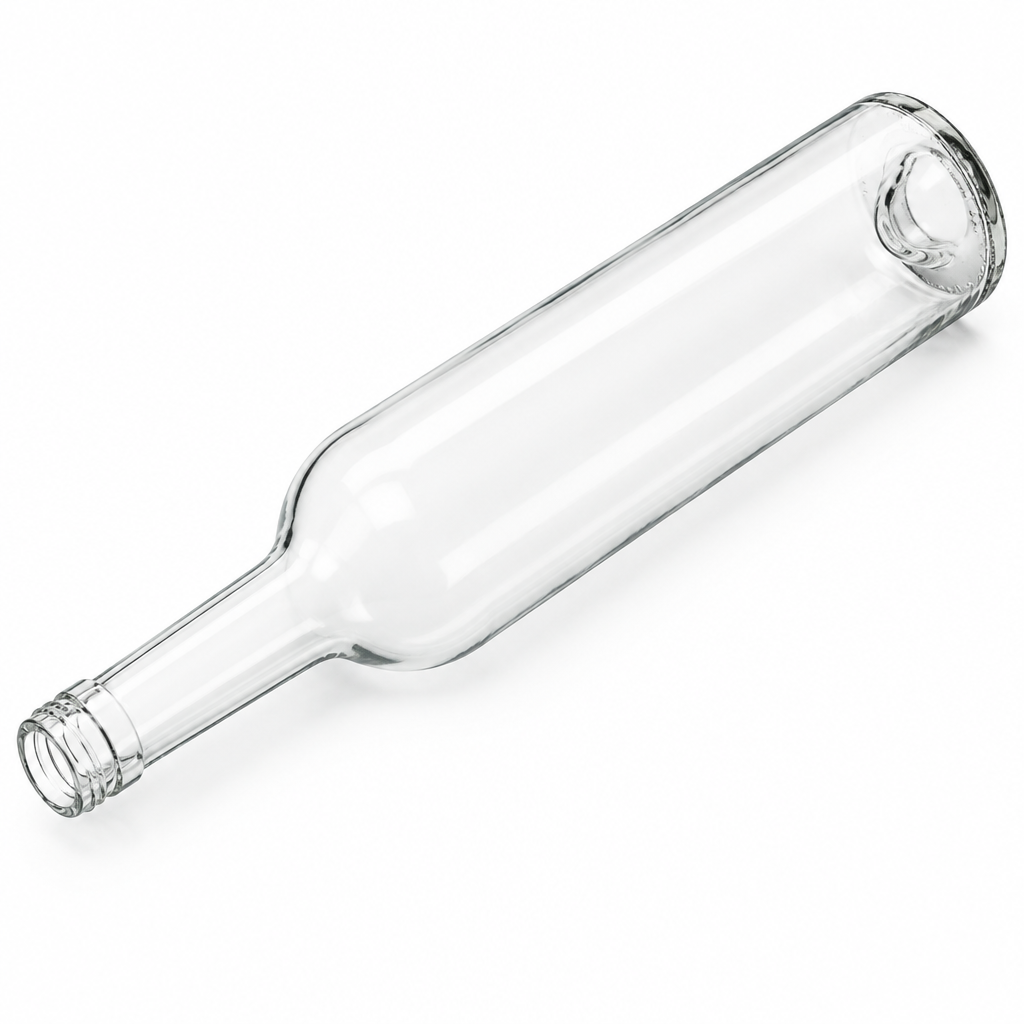 Klare Bordeauxflasche Pinta 500 ml WBORD045 mit 28-mm-MCA-Mündung, liegend in isometrischer Ansicht.