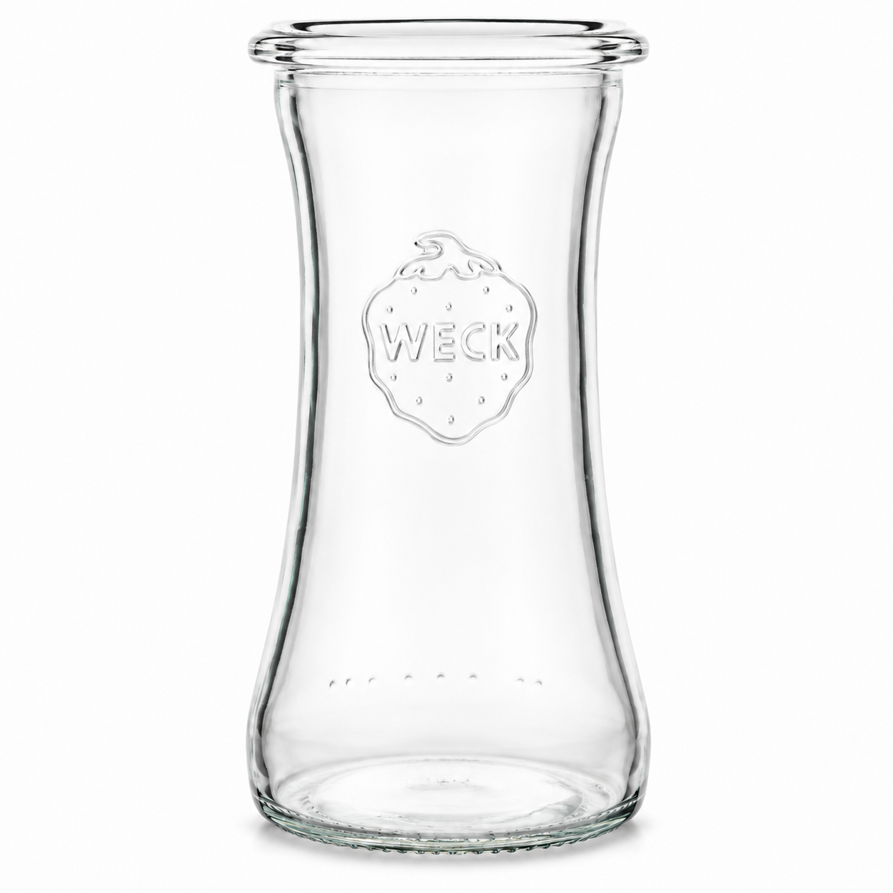 Freigestelltes WECK-Glas aus klarem Glas mit schmaler Form, geprägtem WECK-Logo und weißem Hintergrund