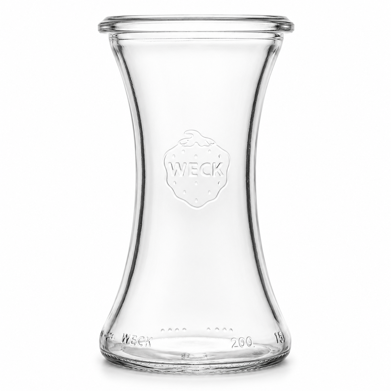 Freigestelltes WECK-Glas aus klarem Glas mit schmaler Taille, Rundrandmündung und gut sichtbarer WECK-Prägung auf weißem Hintergrund.
