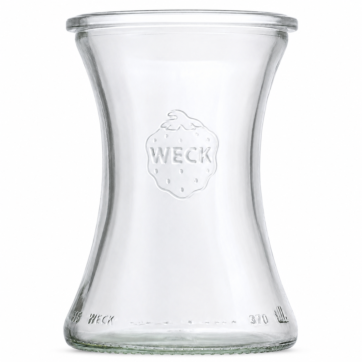 Freigestelltes WECK Rundrandglas aus klarem Glas mit geschwungener Form, geprägtem WECK-Logo und weißem Hintergrund