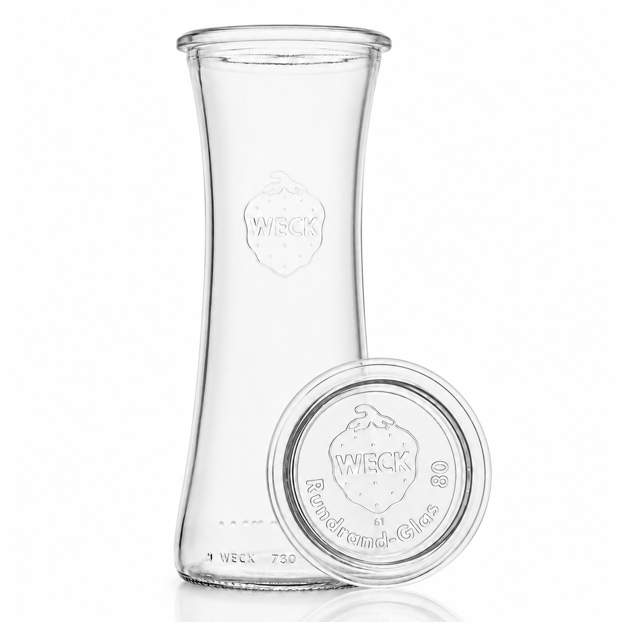 WECK-Delikatessenglas 700 ml RR80 aus klarem Glas mit rundem Glasdeckel und sichtbarer WECK-Prägung.