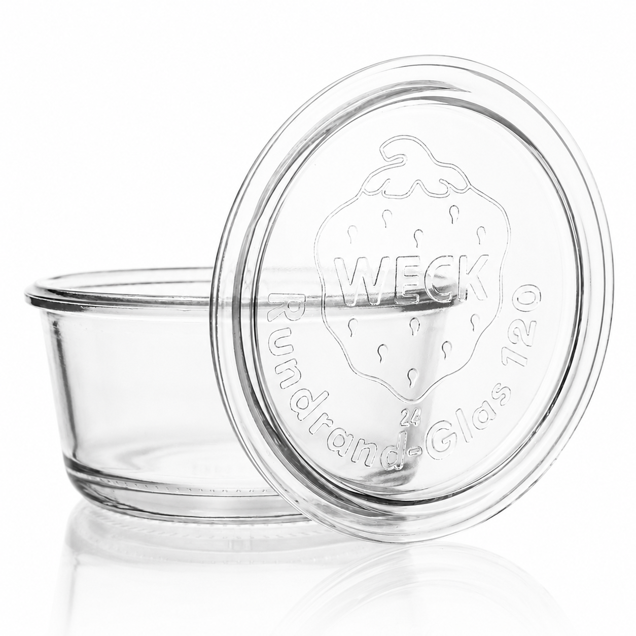 WECK-Gourmetglas 450 ml RR120 aus Klarglas mit passendem Glasdeckel, Rundrandmündung und sichtbarer WECK-Prägung auf weißem Hintergrund.