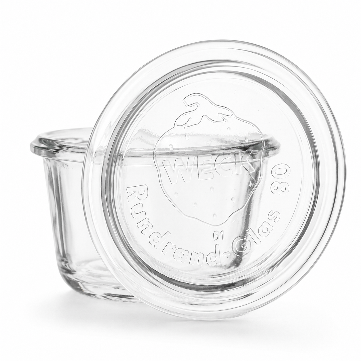 Transparentes WECK-Gugelhupfglas 165 ml RR80 mit charakteristischer Gugelhupfform und passendem Glasdeckel auf weißem Hintergrund.