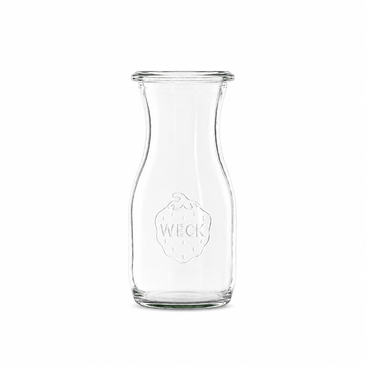 WECK Mini-Saftflasche 150 ml RR40 aus klarem Glas mit schmaler Taille, runder Öffnung und geprägtem WECK-Logo.