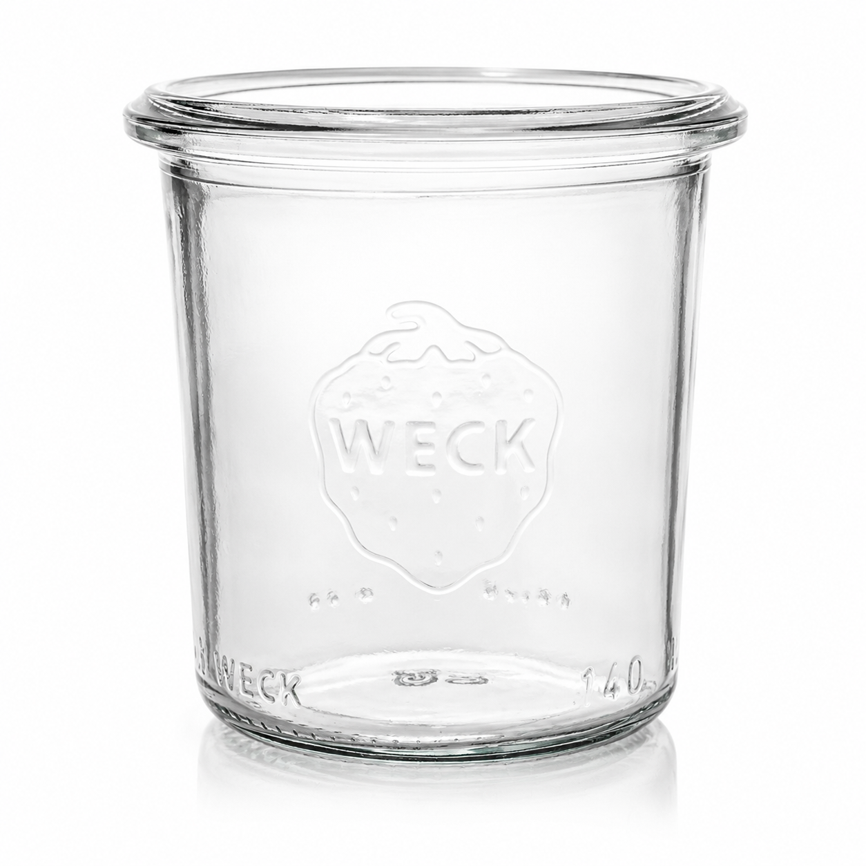 WECK-Mini-Sturzglas 140 ml RR60 ohne Deckel, aus Klarglas mit kompakter Sturzglasform, Rundrandmündung und deutlich geprägtem WECK-Logo.